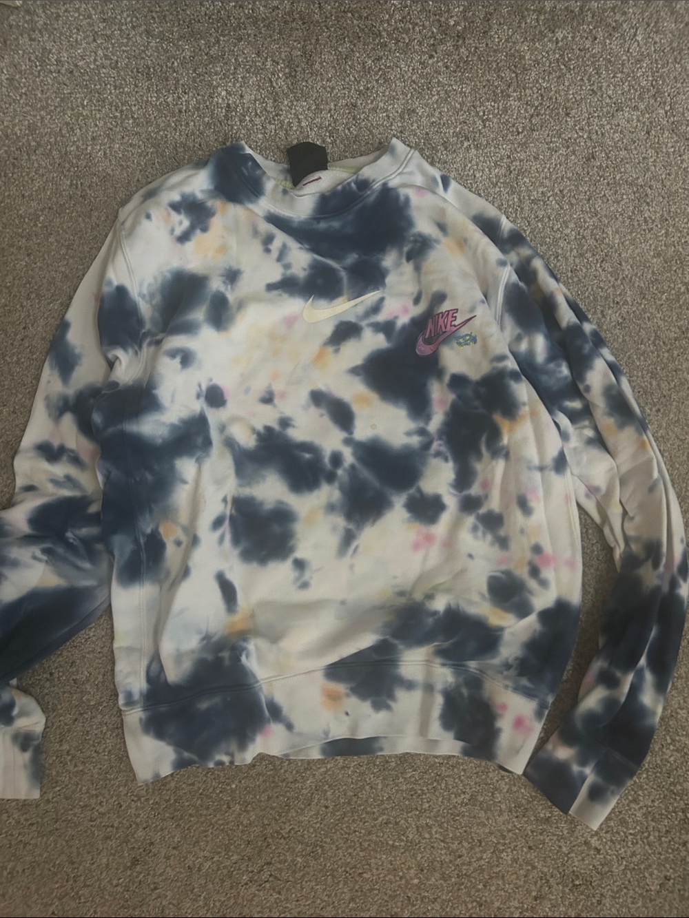 Nike Tie-Dye Crewneck Sweatshirt - Navy, White, Pink & Yellow Accents size small